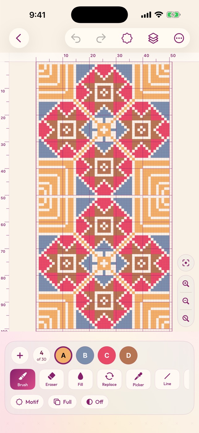 A cross-stitch chart open in Tatreez on an iPhone, ready to track stitch by stitch
