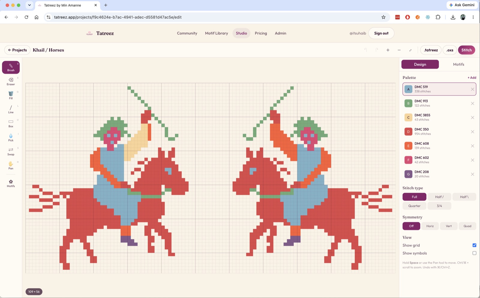 The Tatreez cross-stitch pattern maker in a web browser, with a design on the stitch grid and the DMC thread palette